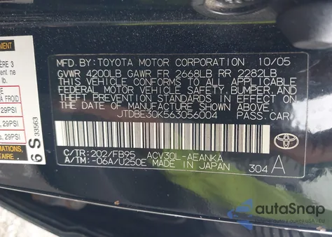 2006 Toyota Camry Le z USA, uszkodzony, nr VIN JTDBE30K563056004